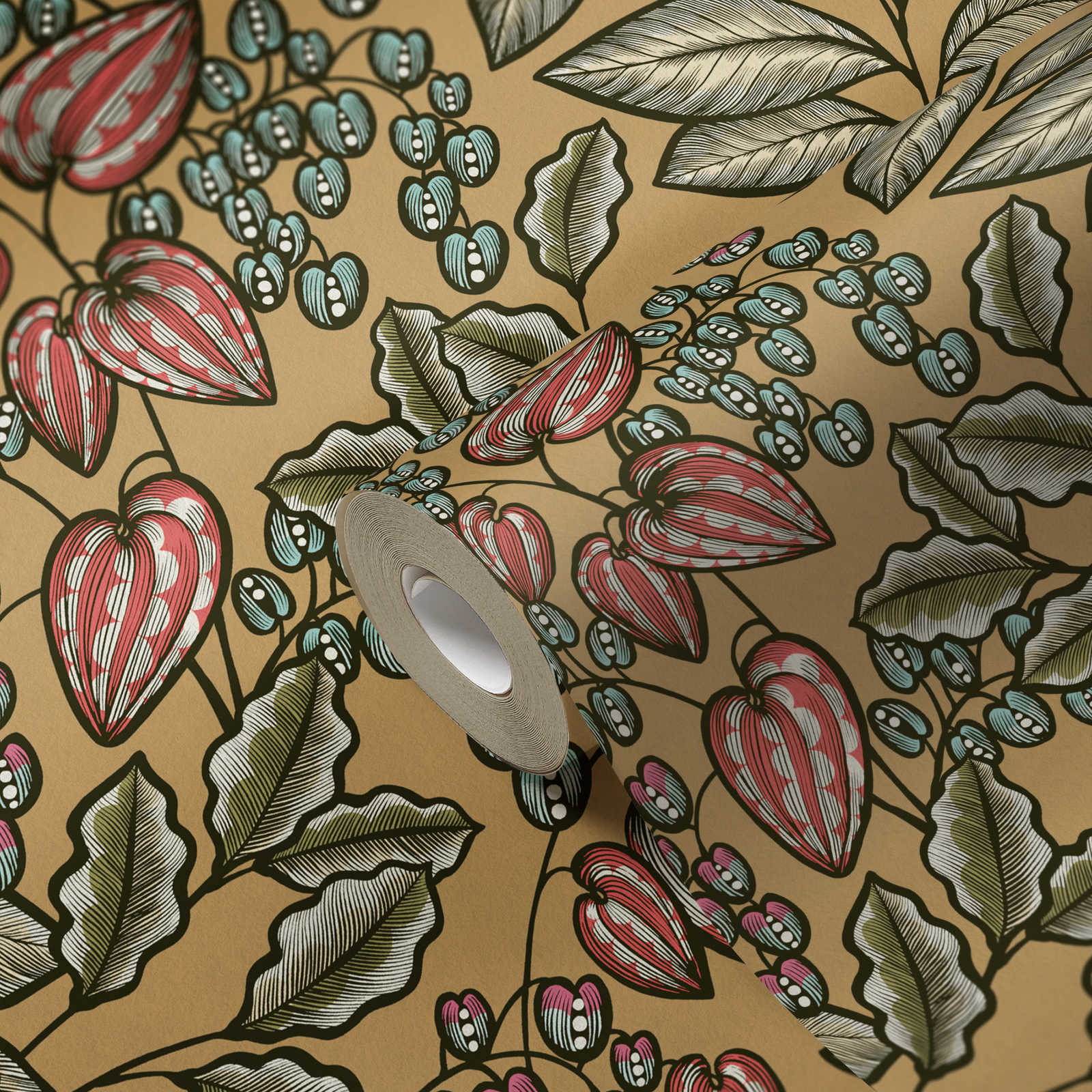             Florale Tapete modernes Blätter Muster im Scandi Stil – Gelb, Grün, Blau
        