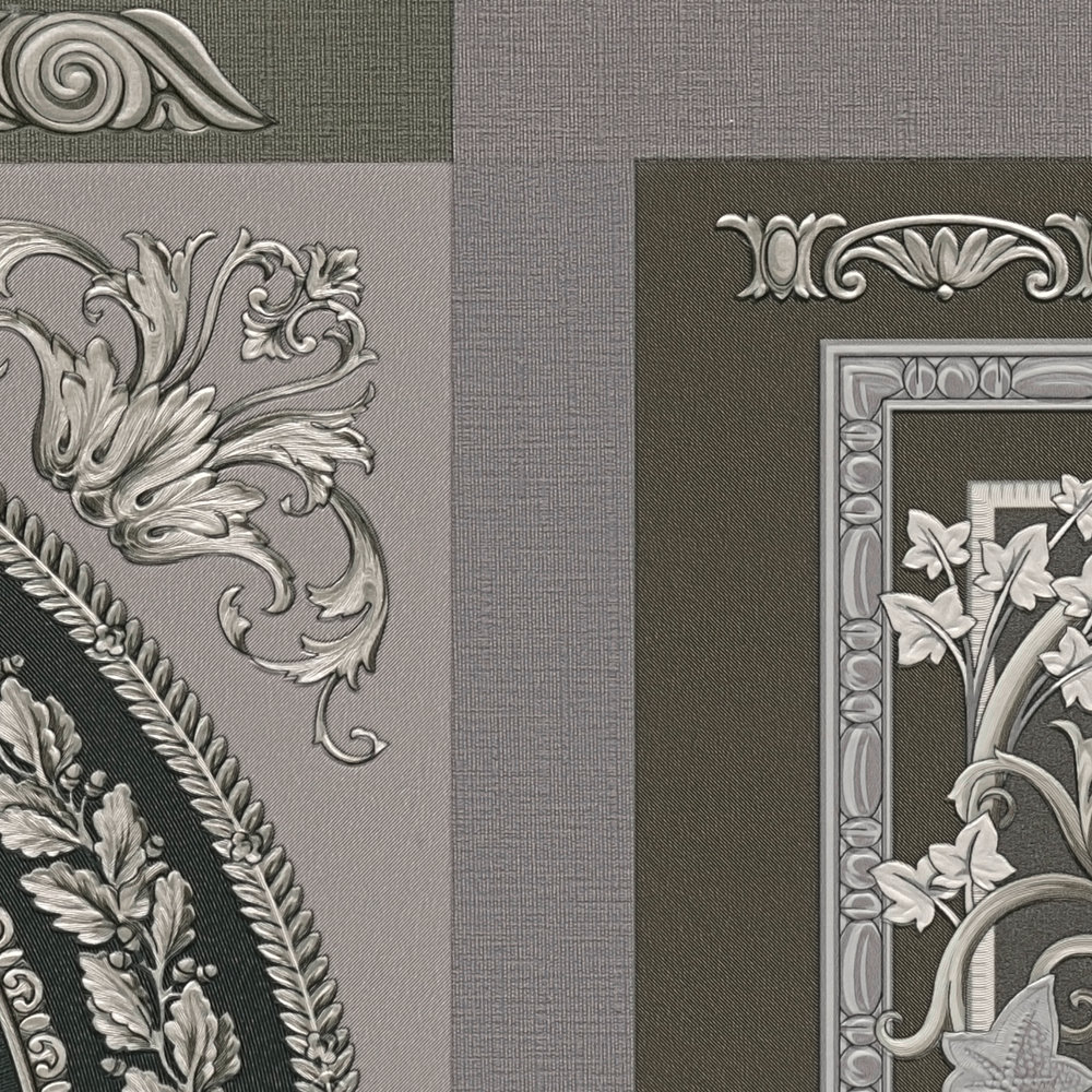             VERSACE Tapete Silber Ornament im Kachel Muster – Grau, Schwarz
        