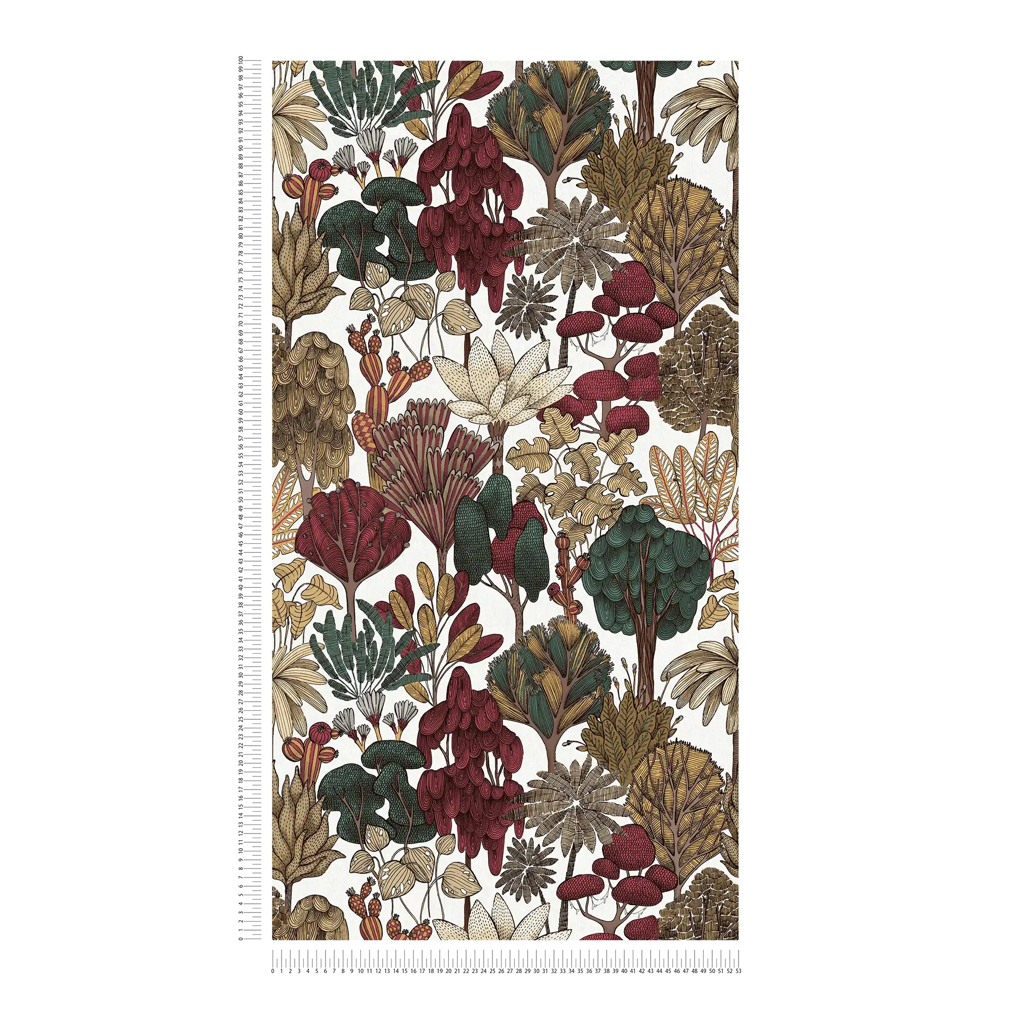             Moderne Tapete floral mit Bäumen im Zeichenstil – Rot, Beige, Braun
        