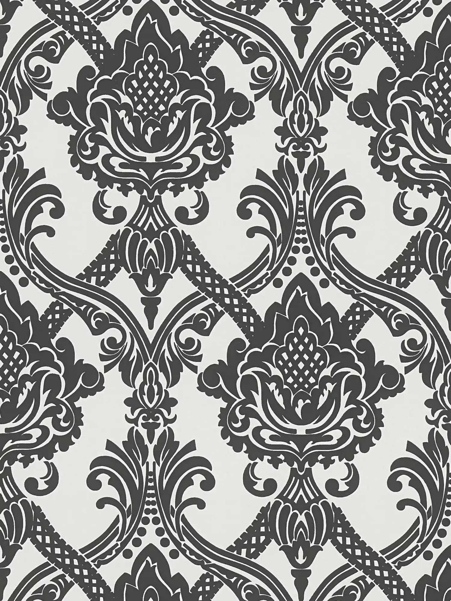 Metallic Tapete Barock Ornamentmuster in Schwarz-Weiß
