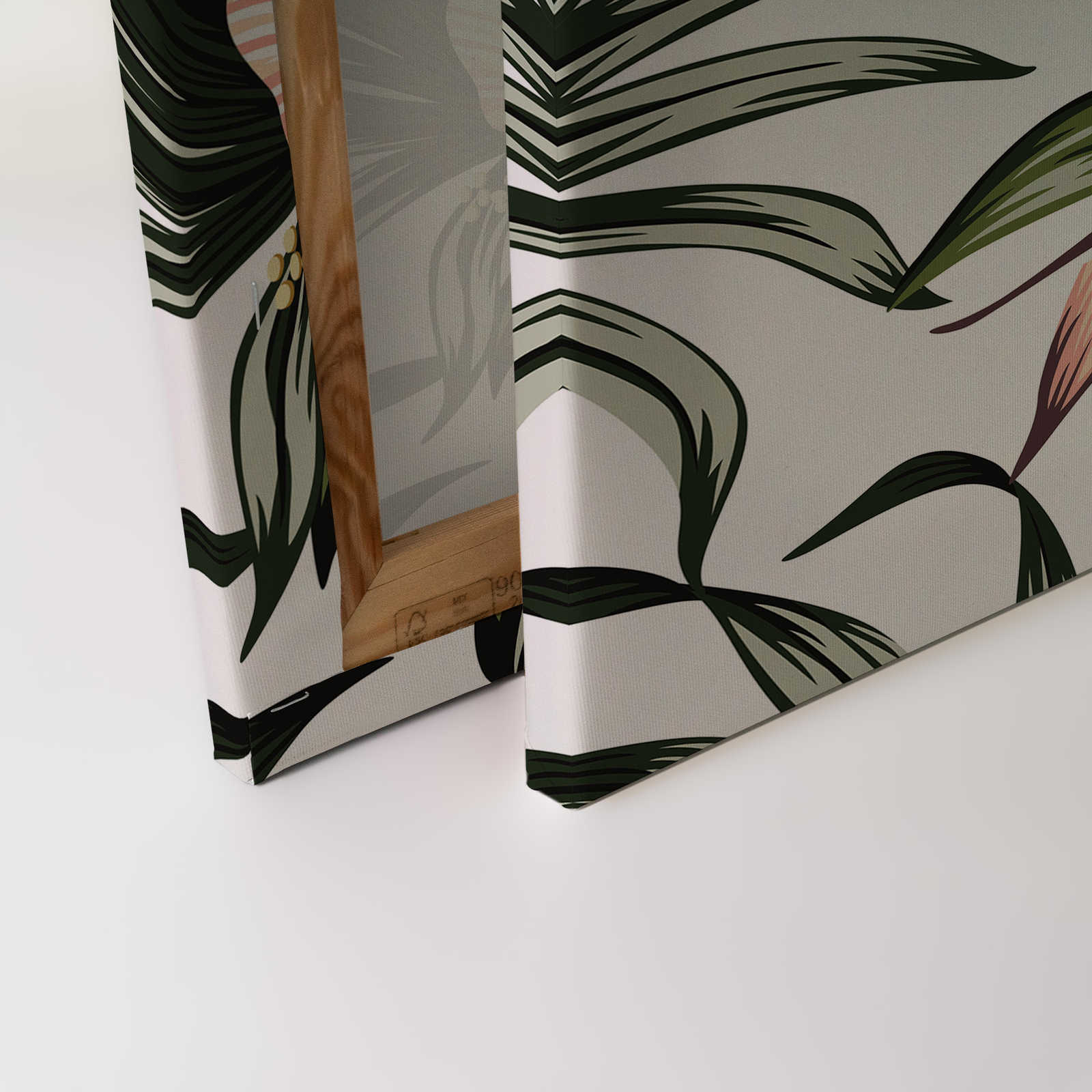             Leinwand mit Dschungelpflanzen und Pelikan | Weiß, Rosa, Grün – 0,90 m x 0,60 m
        