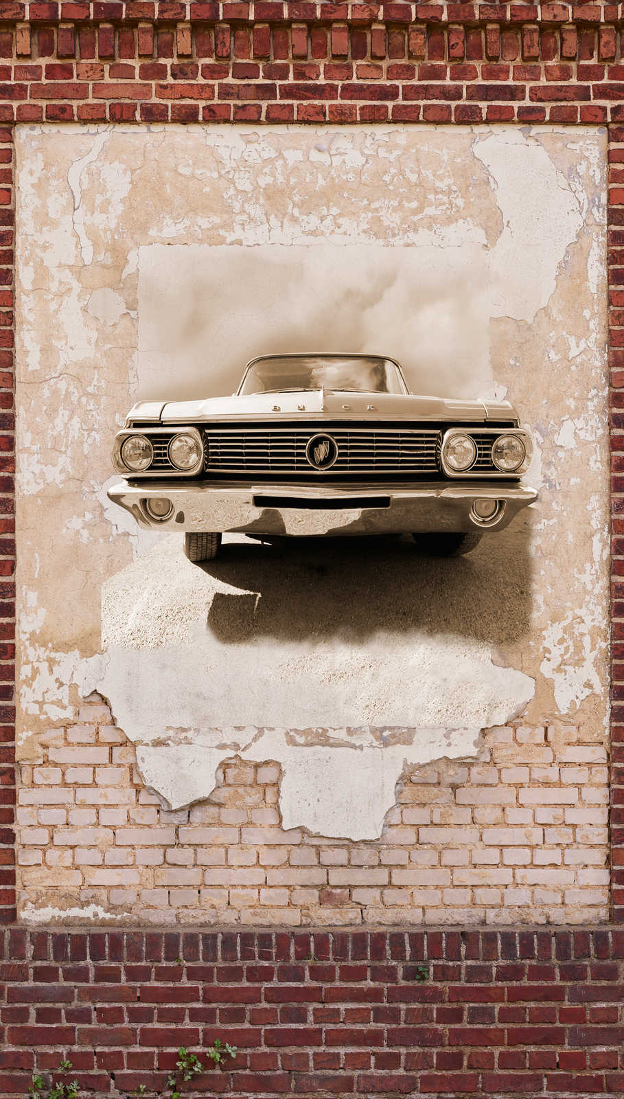             Tapete im Steinoptik Look mit Automotiv im Vintage Stil – Braun, Beige, Rot
        
