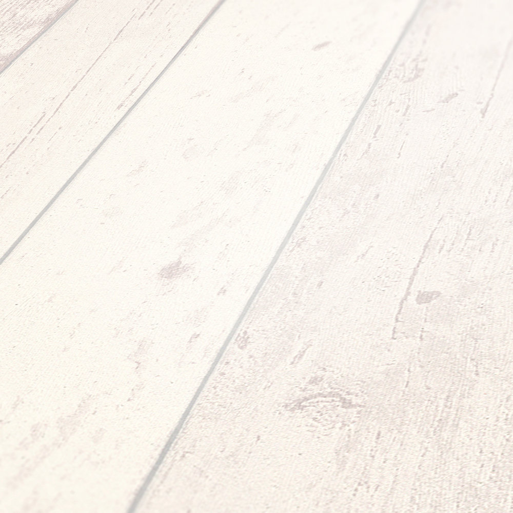             Holzoptik Tapete mit Maserung im Shabby Chic Stil – Weiß, Grau
        
