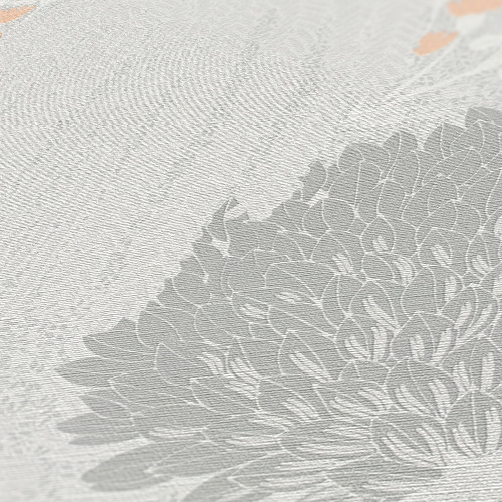             Florale Vliestapete mit Blättern leicht strukturiert, matt – Hellgrau, Weiß, Rosa
        