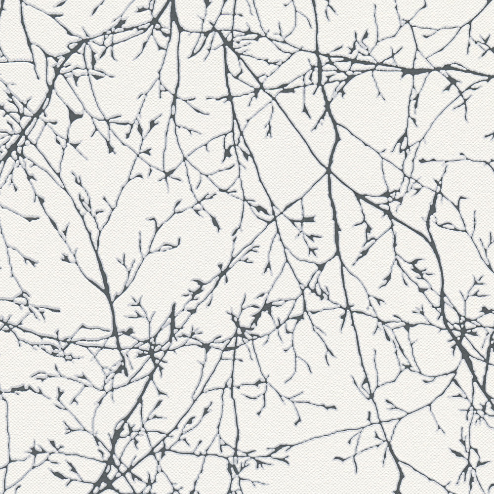             Vliestapete mit Leinenoptik Blüten und Zweigen – Schwarz, Weiß
        