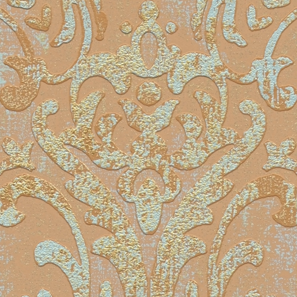             Metallic-Look Vliestapete mit Ornament – Orange, Rosa, Türkis
        