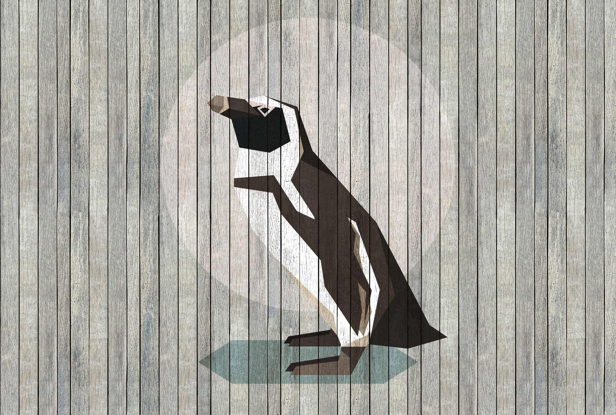            Born to Be Wild 4 - Fototapete Pinguin auf Bretterwand - Holzpaneele breit – Beige, Blau | Struktur Vlies
        