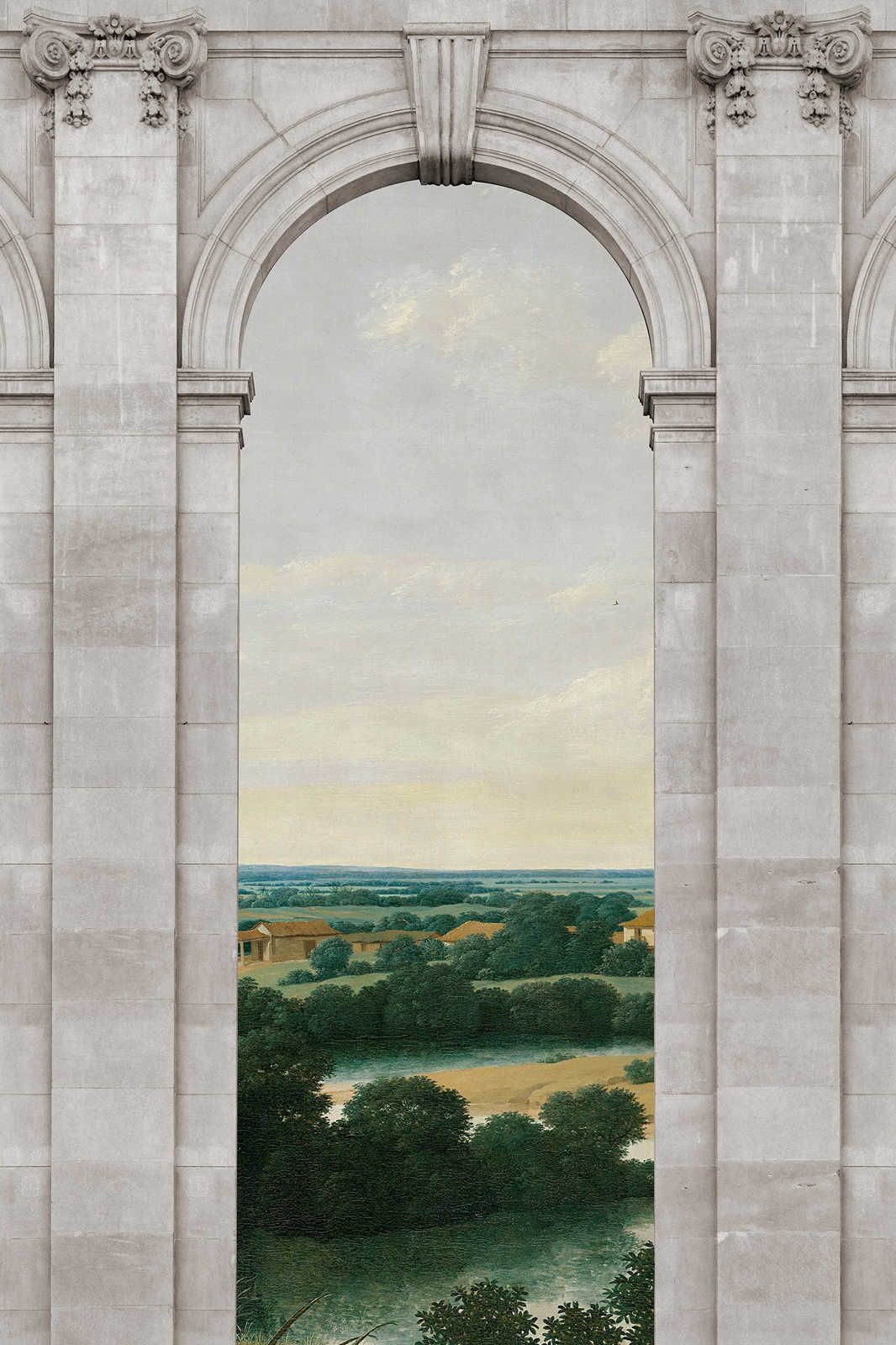             Castello 2 - Fenster Leinwandbild Rundbogen & Ausblick Landschaft – 0,90 m x 0,60 m
        
