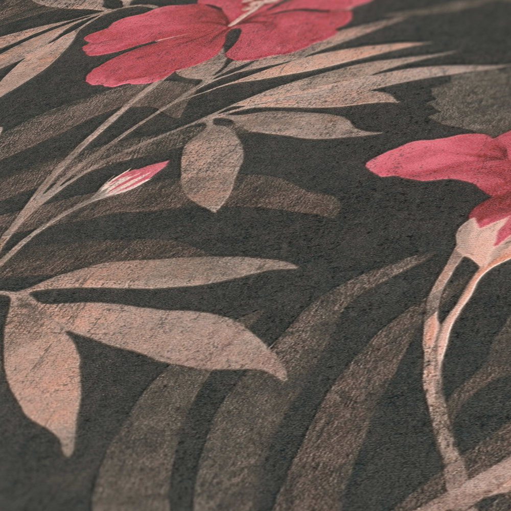             Tapete Dschungel Blätter & Hibiskus Blüten – Braun, Rot
        