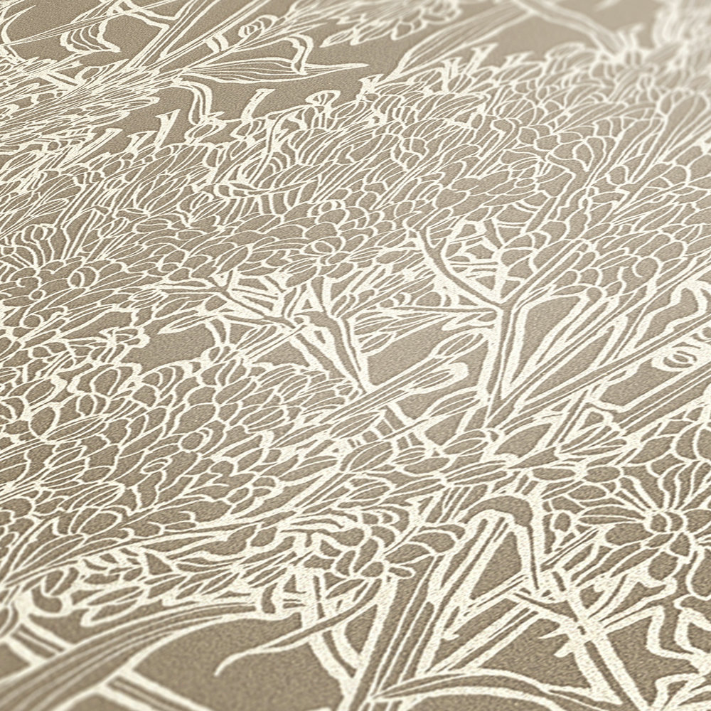             Mediterrane Tapete Sandfarben mit floralem Muster – Grau, Silber, Beige
        
