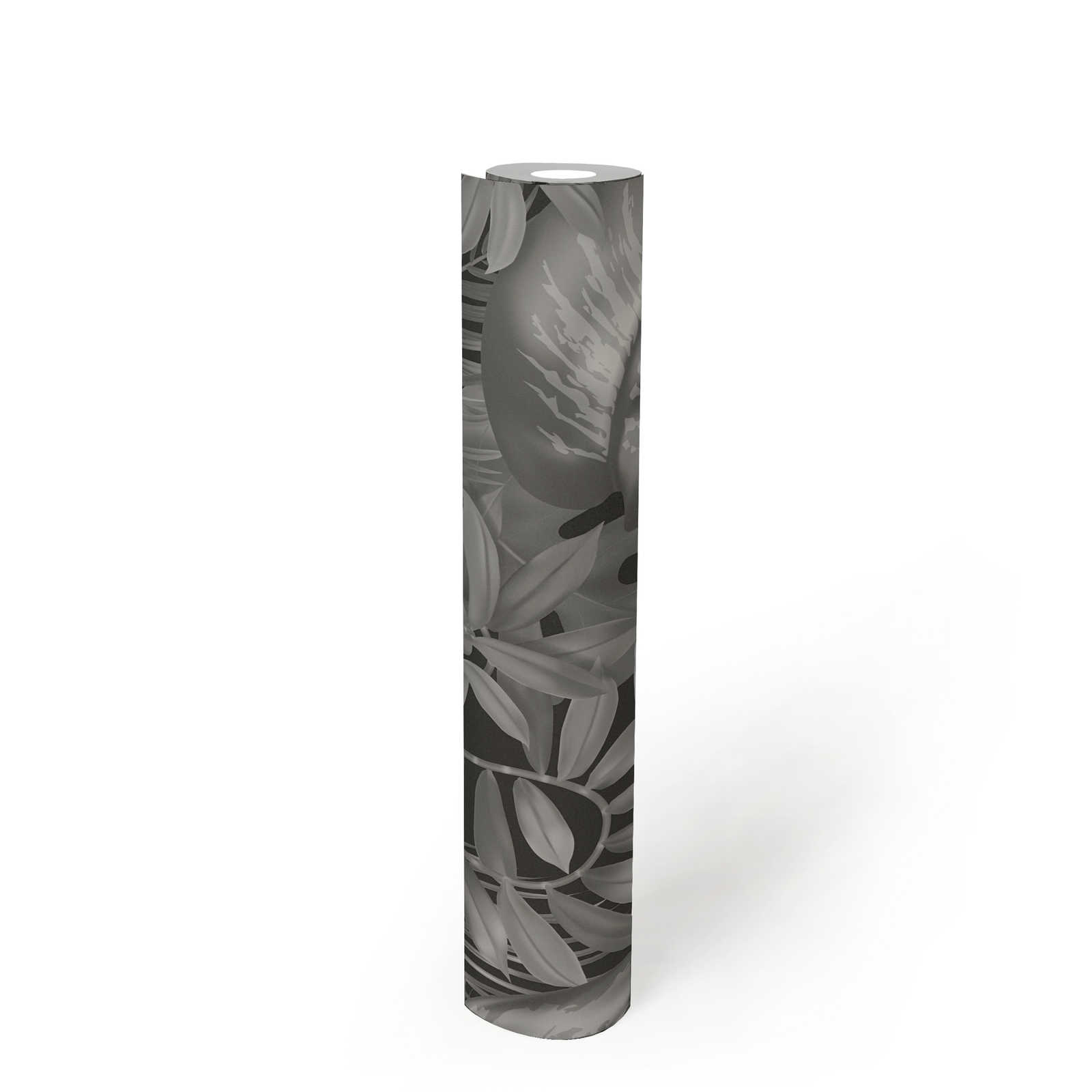             Blätter-Tapete Dschungel Muster – Grau, Schwarz
        
