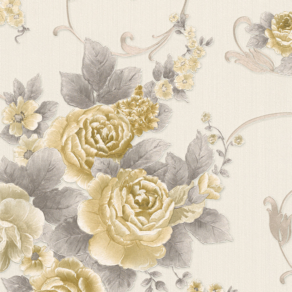             Rosenblüten-Tapete mit Metallic-Effekt im Landhausstil – Grau, Gold, Weiß
        
