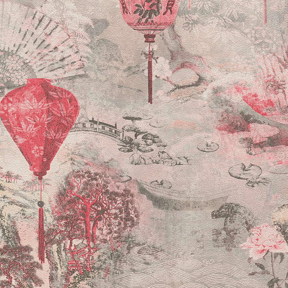             Vliestapete mit Landschaftsmotiv und asiatischem Dekor – Grau, Rot, Rosa
        