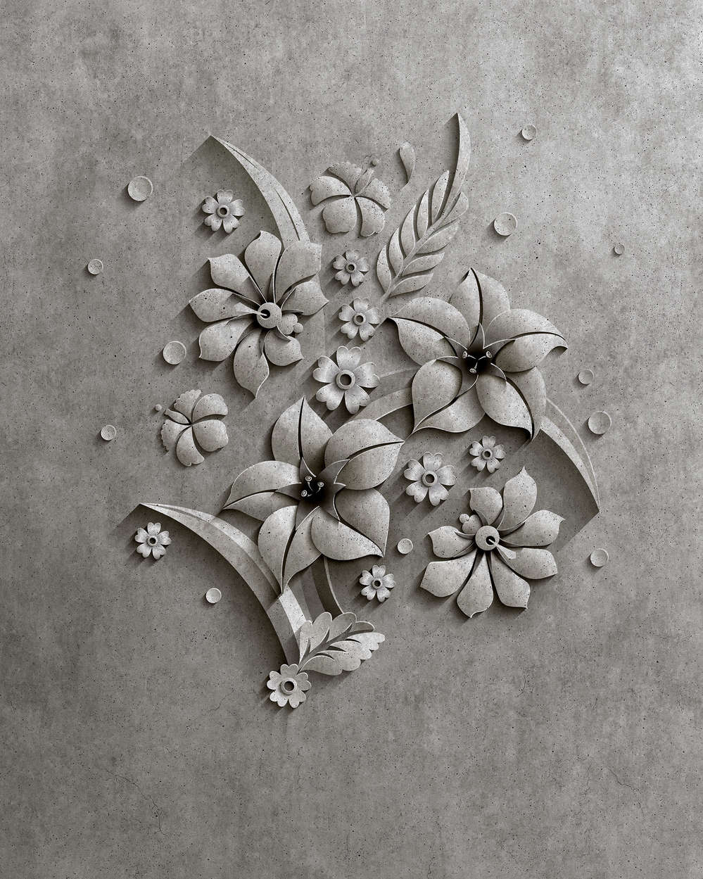             Relief 1 - Fototapete in Beton Struktur eines Blütenrelief – Grau, Schwarz | Mattes Glattvlies
        