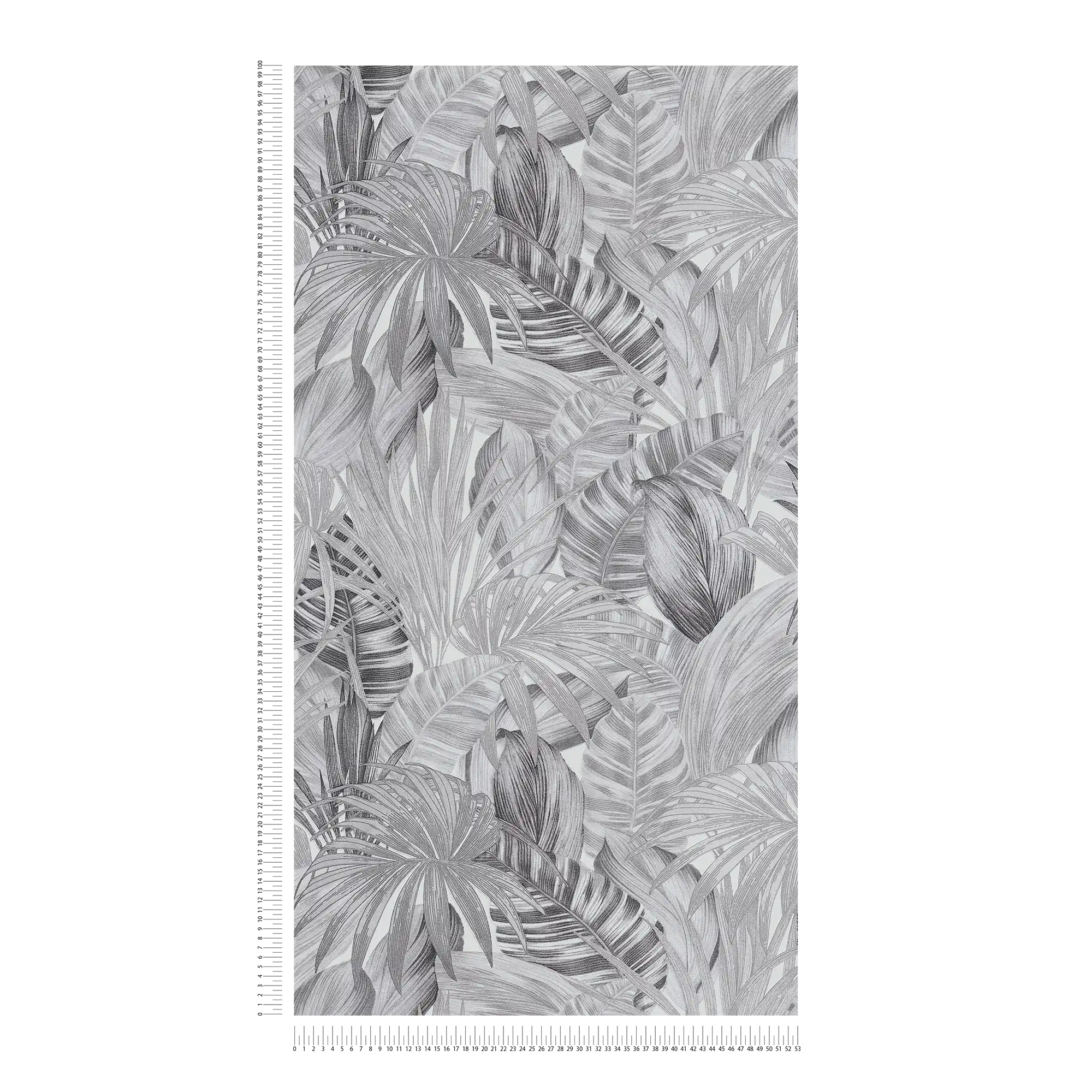            Mustertapete mit Blättermotiv im Zeichenstil – Schwarz, Weiß, Grau
        