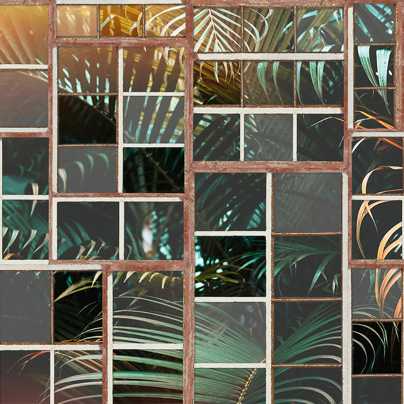         Fototapete mit Ausblick, Retro-Fenster & Farnen – Braun, Weiß, Grün
    
