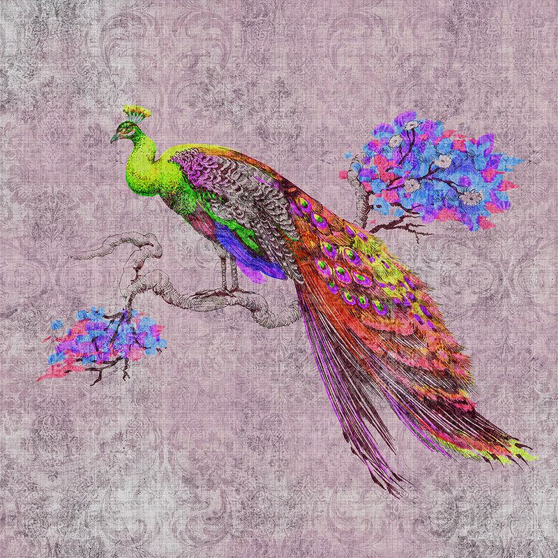 Peacock 2 - Fototapete mit Pfau Motiv & Ornament Muster in naturleinen Struktur – Grün, Rosa | Struktur Vlies
