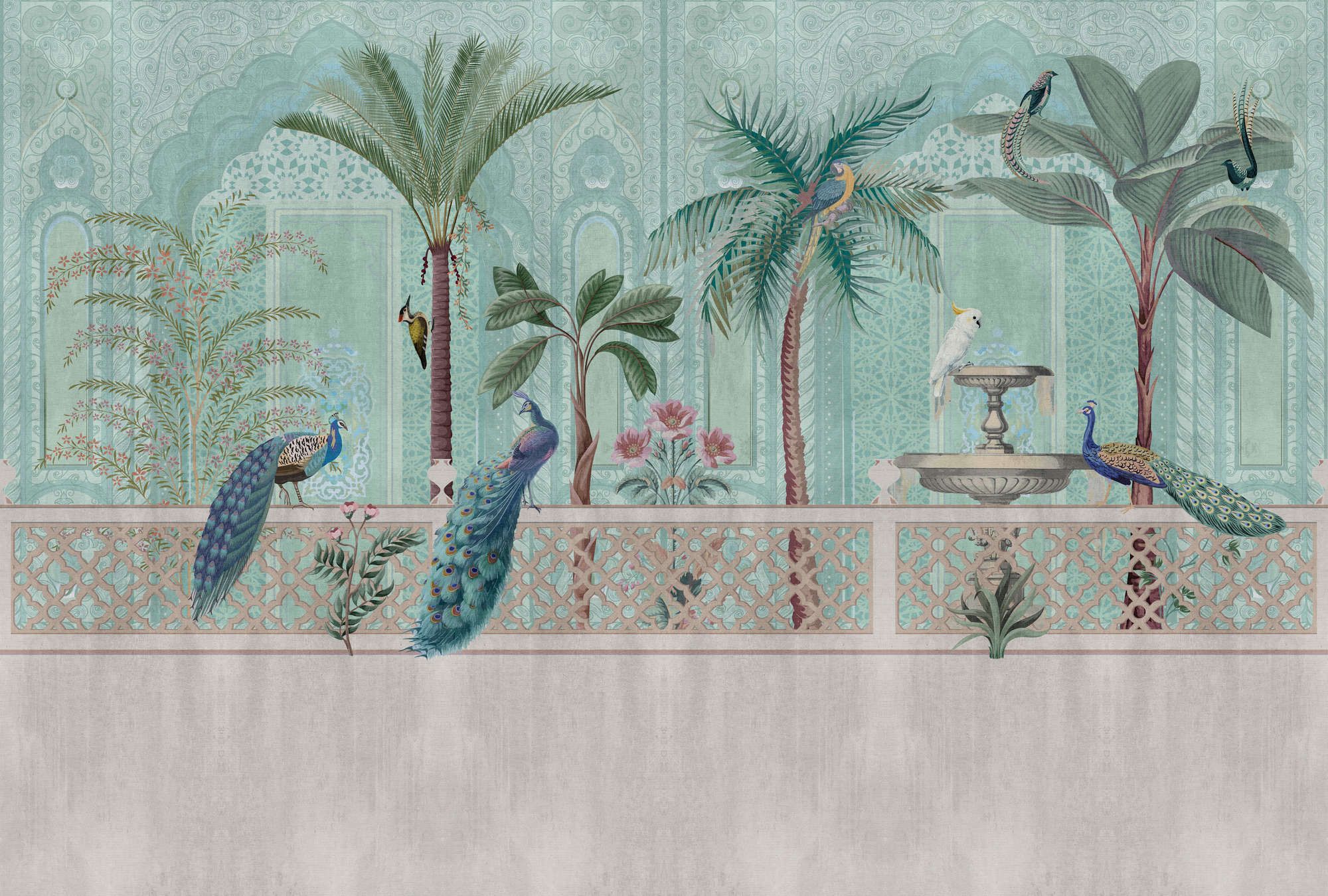             Fototapete »pavo« - Vögel, Palmen & Brunnen – Grün, Blau mit Gobelinstruktur | Glattes, leicht perlmutt-schimmerndes Vlies
        
