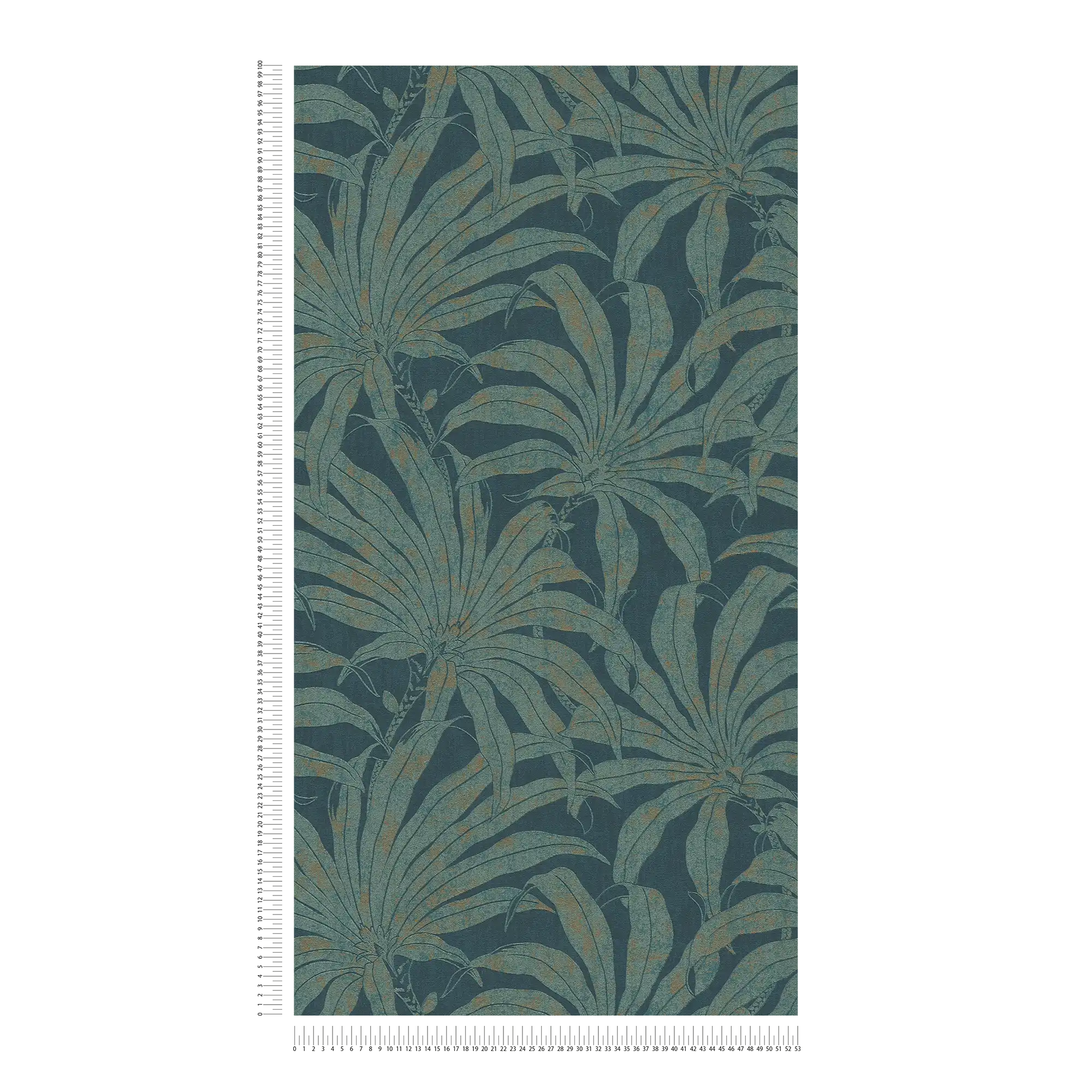             Florale Mustertapete mit botanischen Dschungelblättern – Petrol, Gold, blau
        