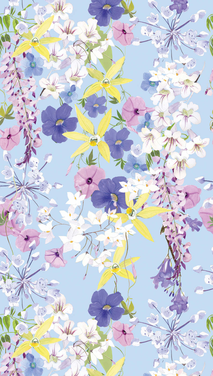             Blumenmotiv Tapete in kühlen Farben – Bunt, Flieder, Gelb
        