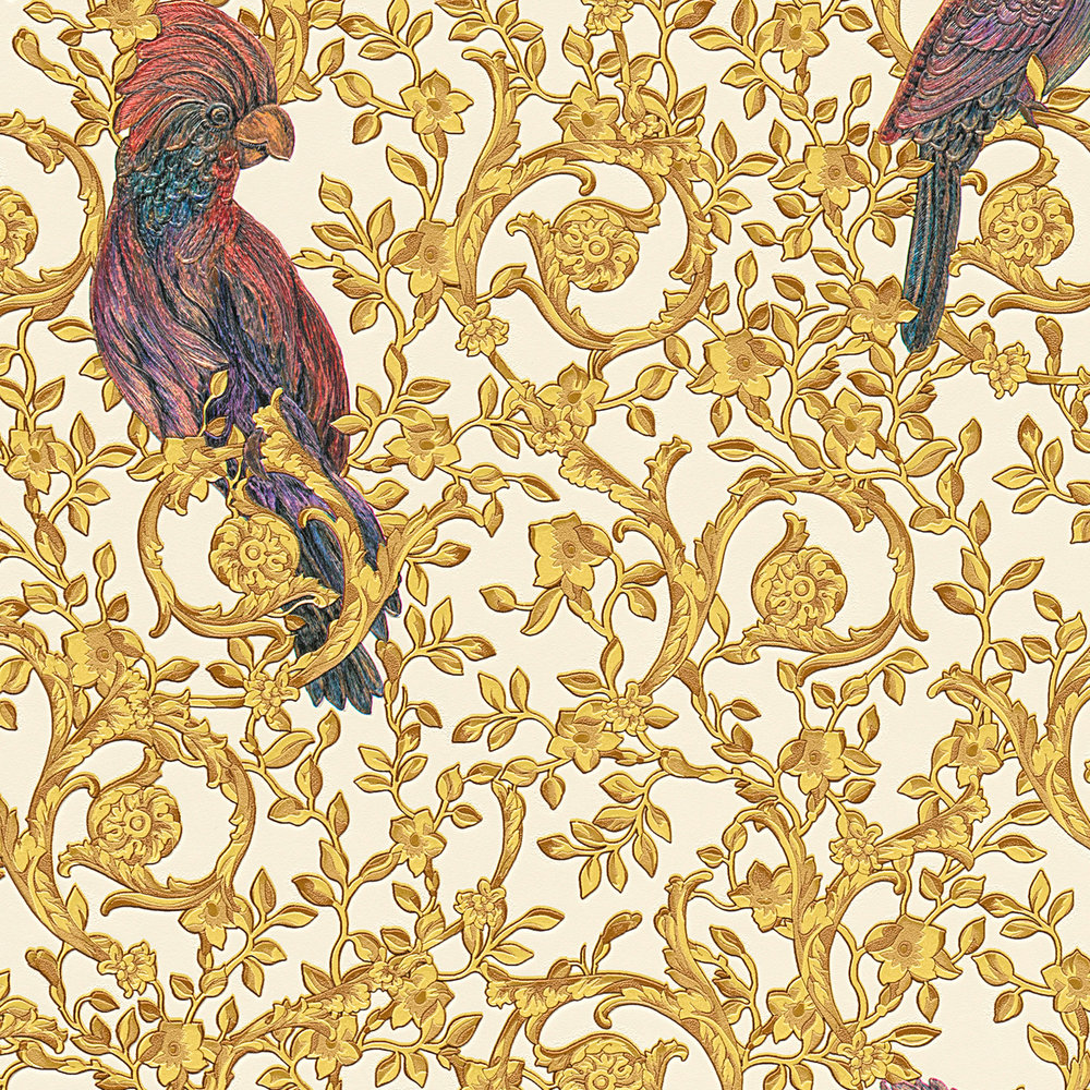             VERSACE Home Tapete Paradies-Vögel & goldene Akzente – Gold, Violett, Creme
        