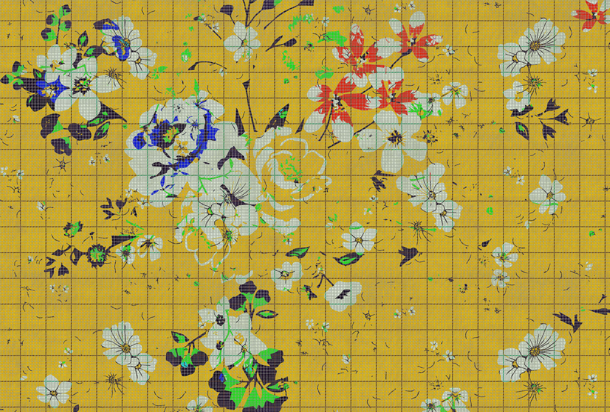             Flower plaid 1 - Fototapete buntes Blumenmosaik Gelb mit karierter Optik – Blau, Gelb | Mattes Glattvlies
        