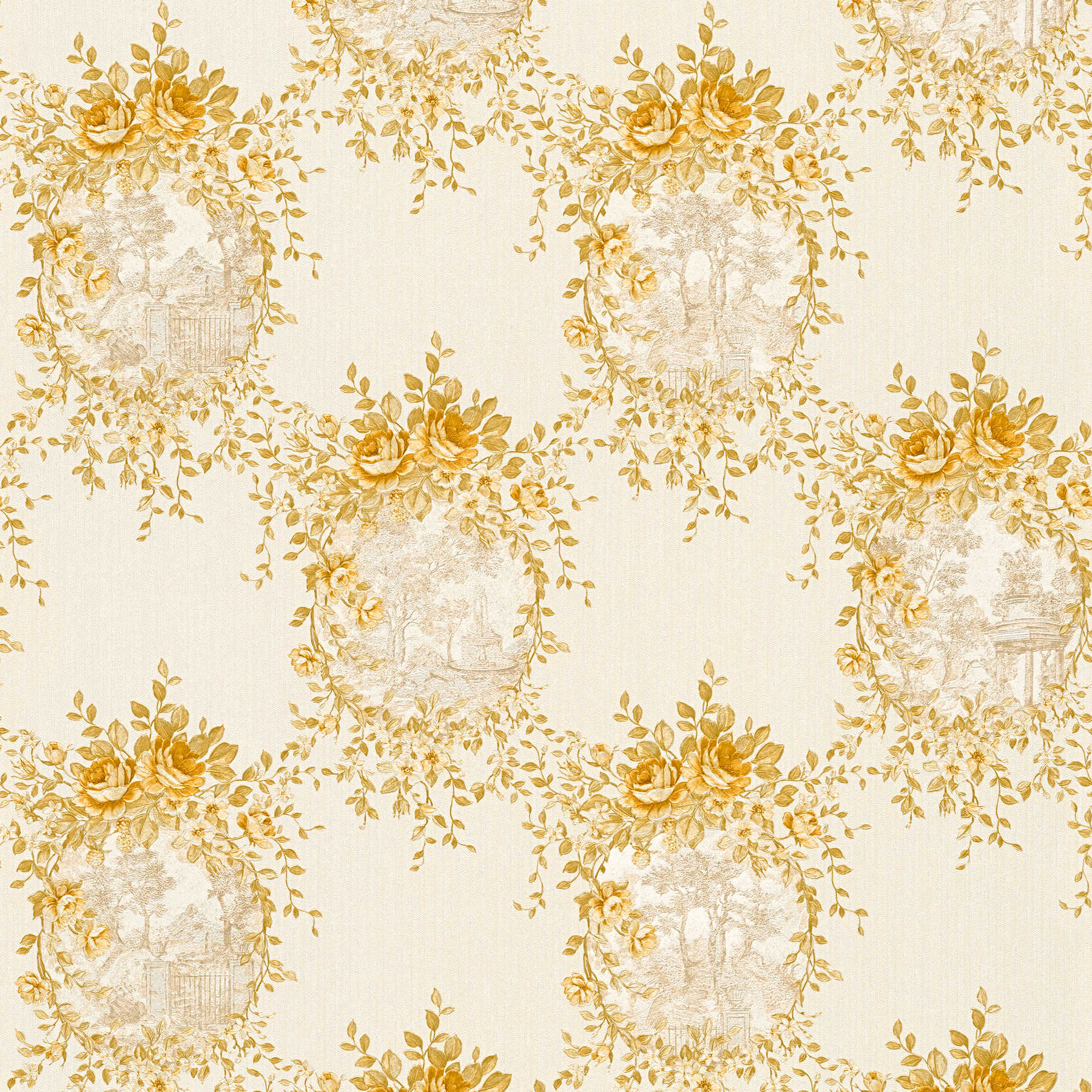 Ornament Tapete Landschaft & Rosen Emblem – Beige, Gold
