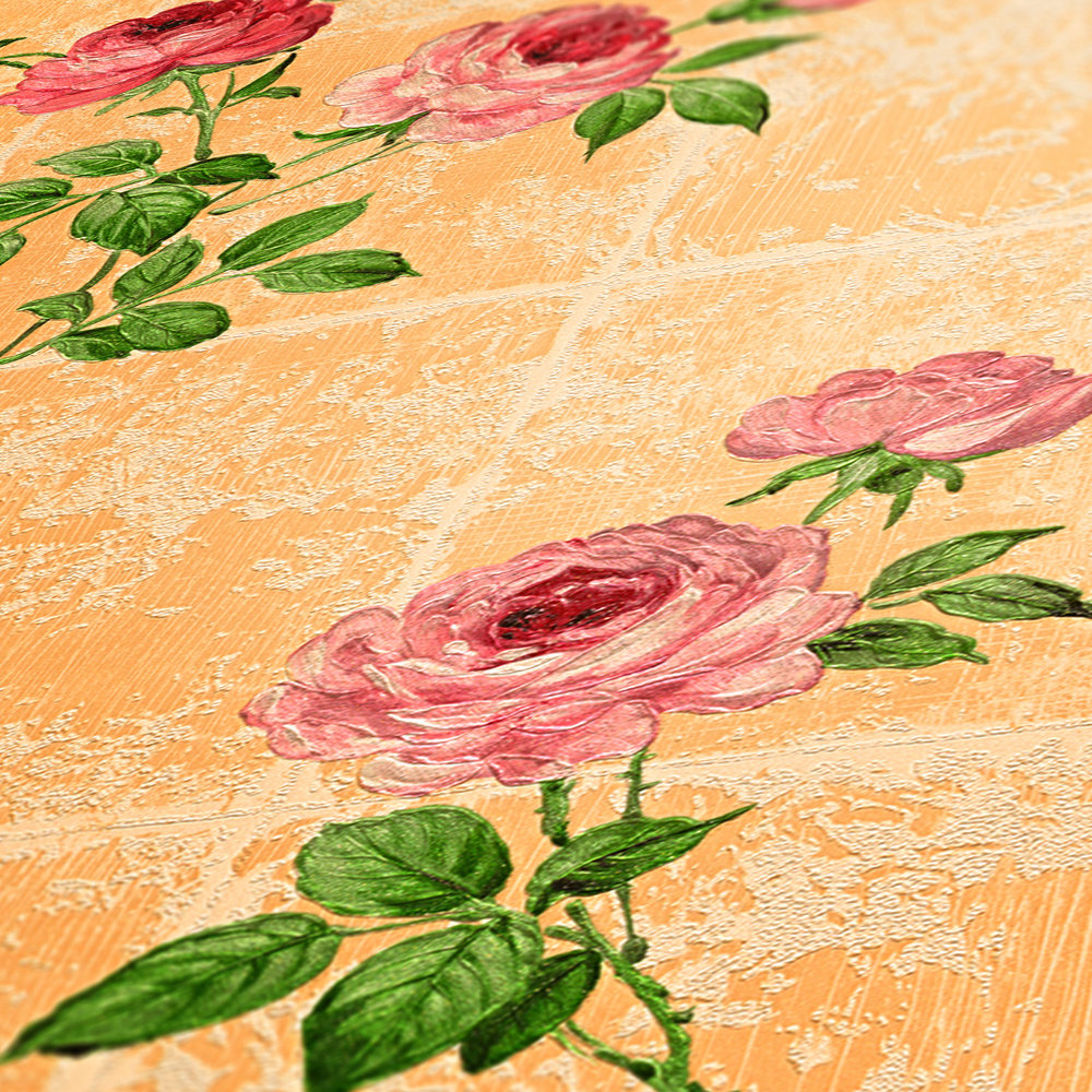             Fliesenoptik Tapete rustikal mit Rosen – Bunt
        