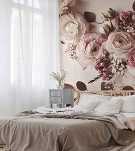 Schlafzimmer mit floraler Fototapete im Vintage Design DD119881