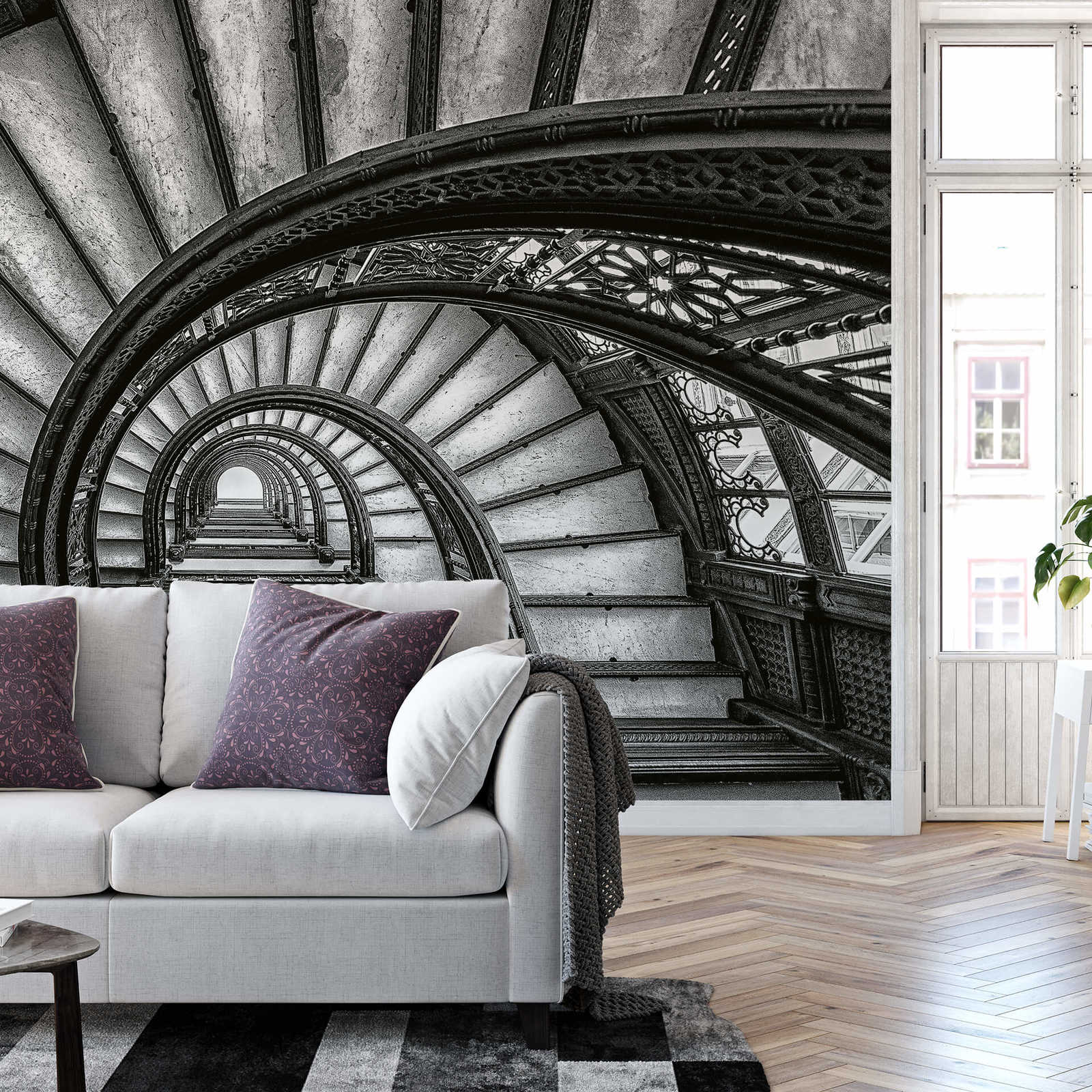             Fototapete alte Treppen – Grau, Weiß, Schwarz
        