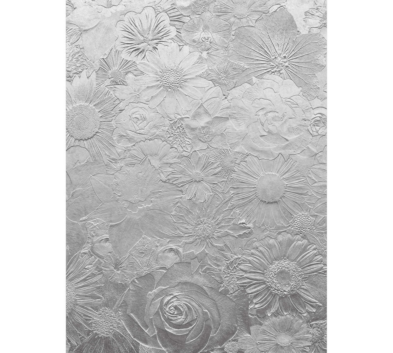 Schmale Fototapete Blumen in Silber
