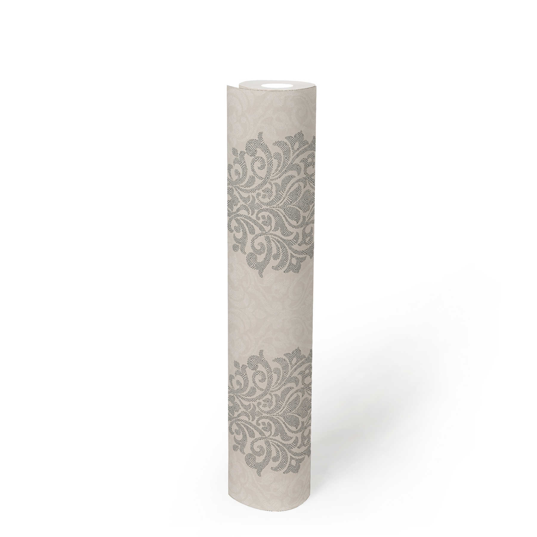             Florale Ornamenttapete Rautenmuster im Ethno-Stil – Beige, Silber
        