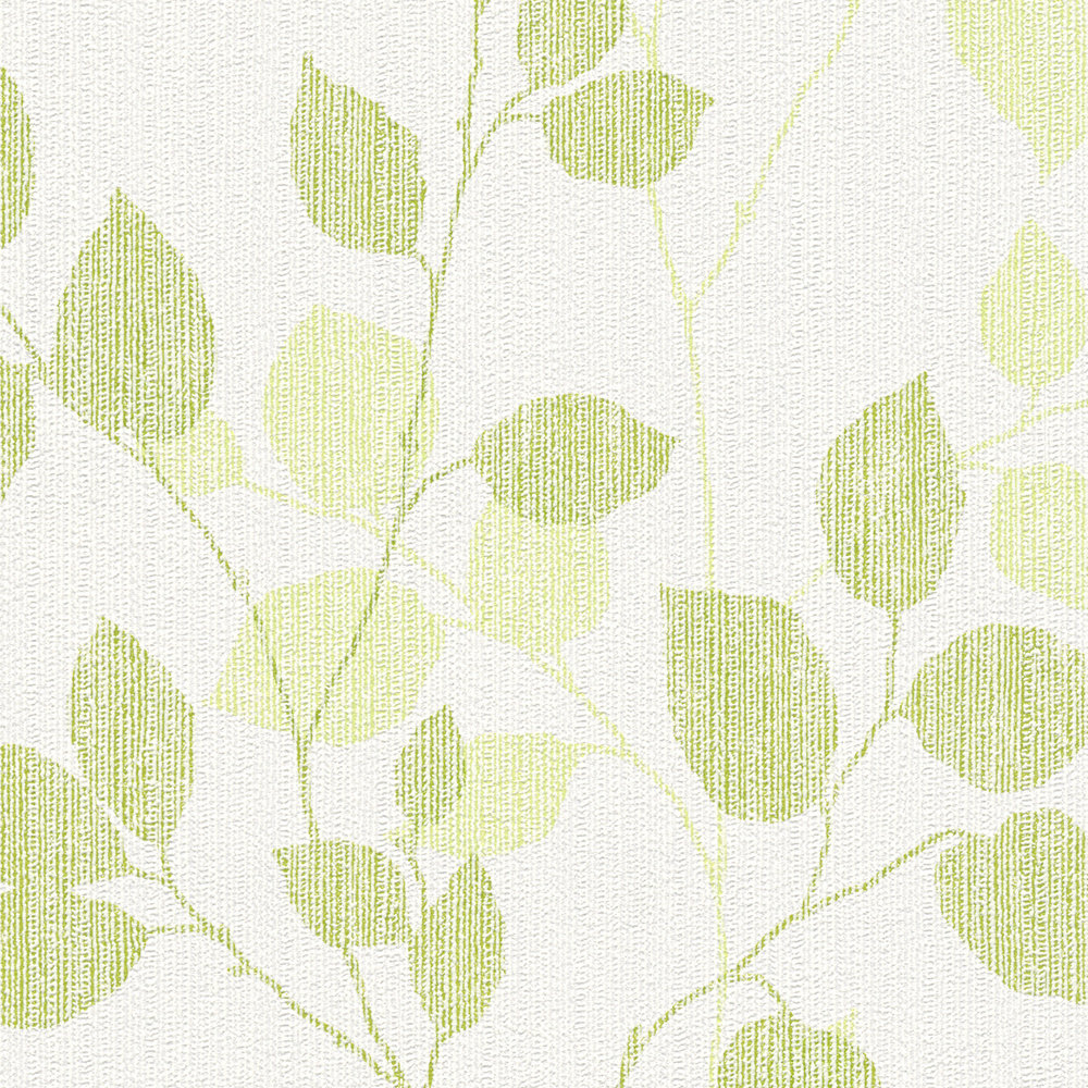             Mustertapete Blätter in Frühlingsfarben – Grün, Weiß
        