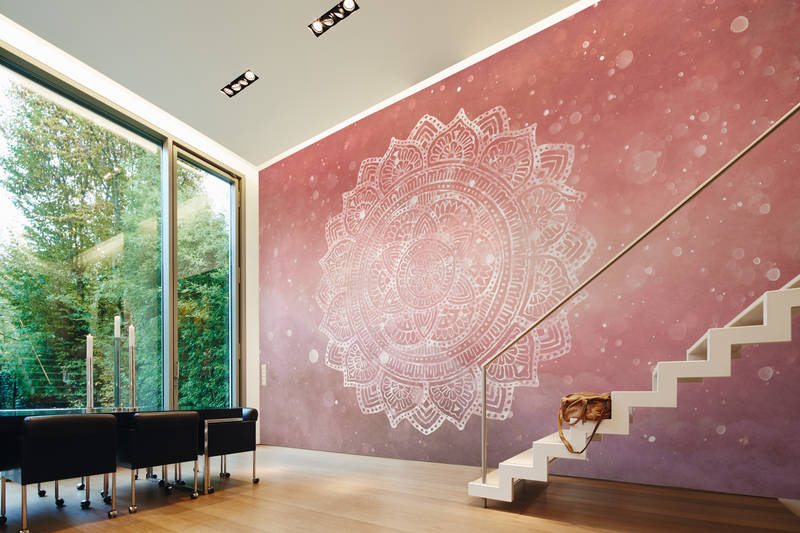             Fototapete Mandala im Boho-Stil für Mädchenzimmer – Rosa, Weiß, Orange
        