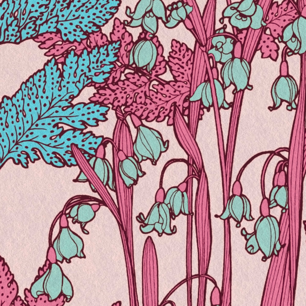             Rosa Blumentapete mit floralem Design im Botanical Stil – Rosa, Rot, Blau
        