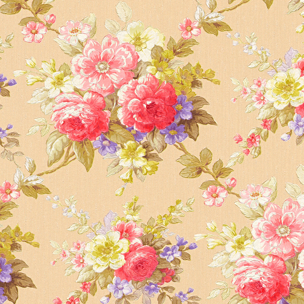             Tapeten Rosen-Ornamente florales Bouquet Muster – Bunt, Metallic
        