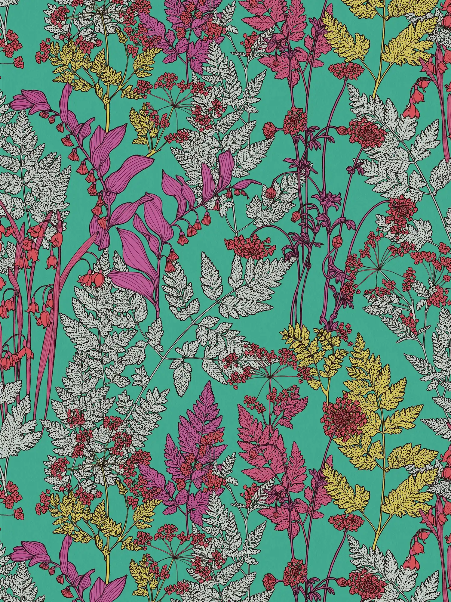 Grüne Vliestapete buntes Blätter Muster im Zeichenstil – Grün, Lila, Grau
