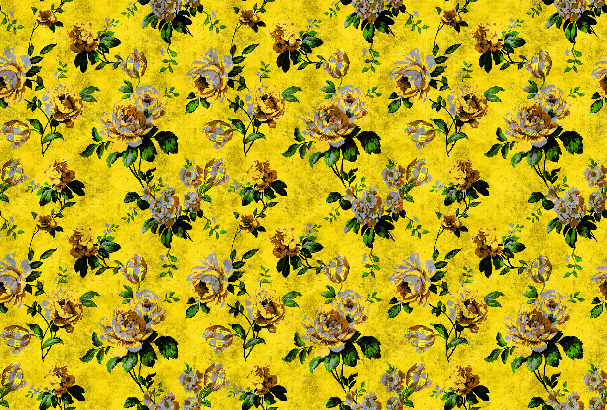             Wild roses 5 - Rosen Fototapete in kratzer Struktur im Retrolook, Gelb – Gelb, Grün | Mattes Glattvlies
        