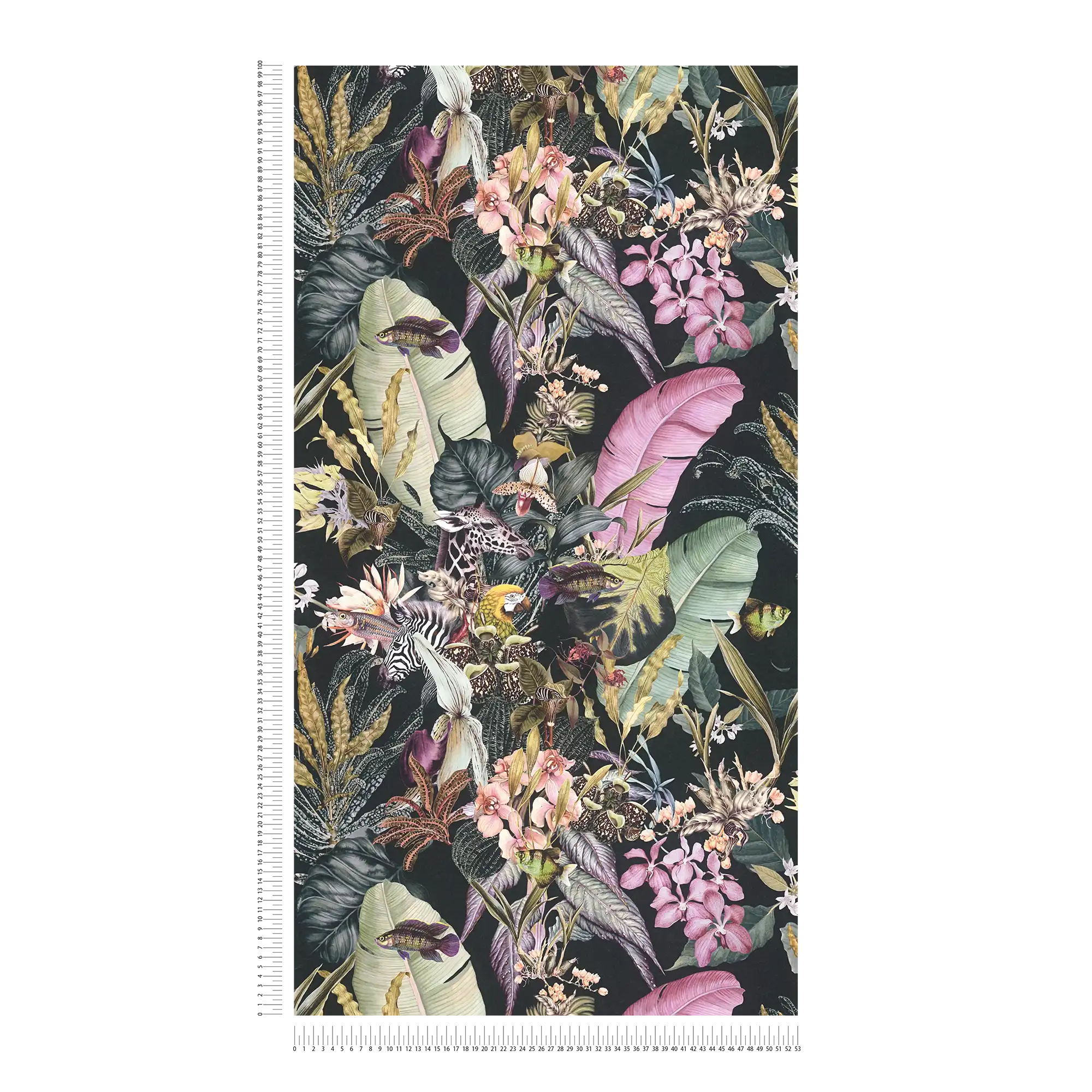             Blumentapete Flora & Fauna mit schwarzem Hintergrund
        