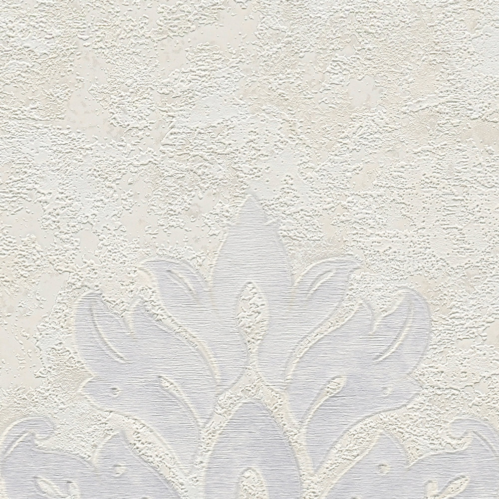             Vliestapete mit floralen Ornamenten & Metallic-Glanz – Beige, Grau, Weiß
        