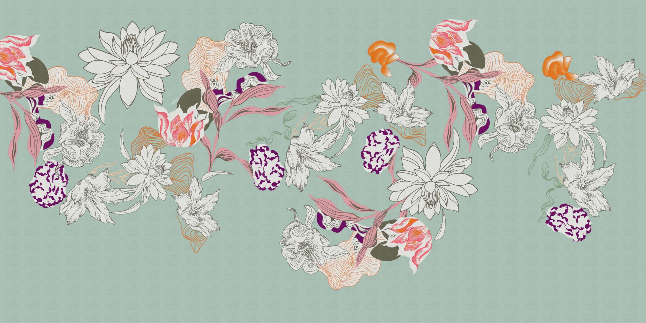             Fototapete »botany 1« - Abstrakte Blütenmotive mit orangenen Akzenten vor dezenter Leinenstruktur – Mattes, Glattes Vlies
        