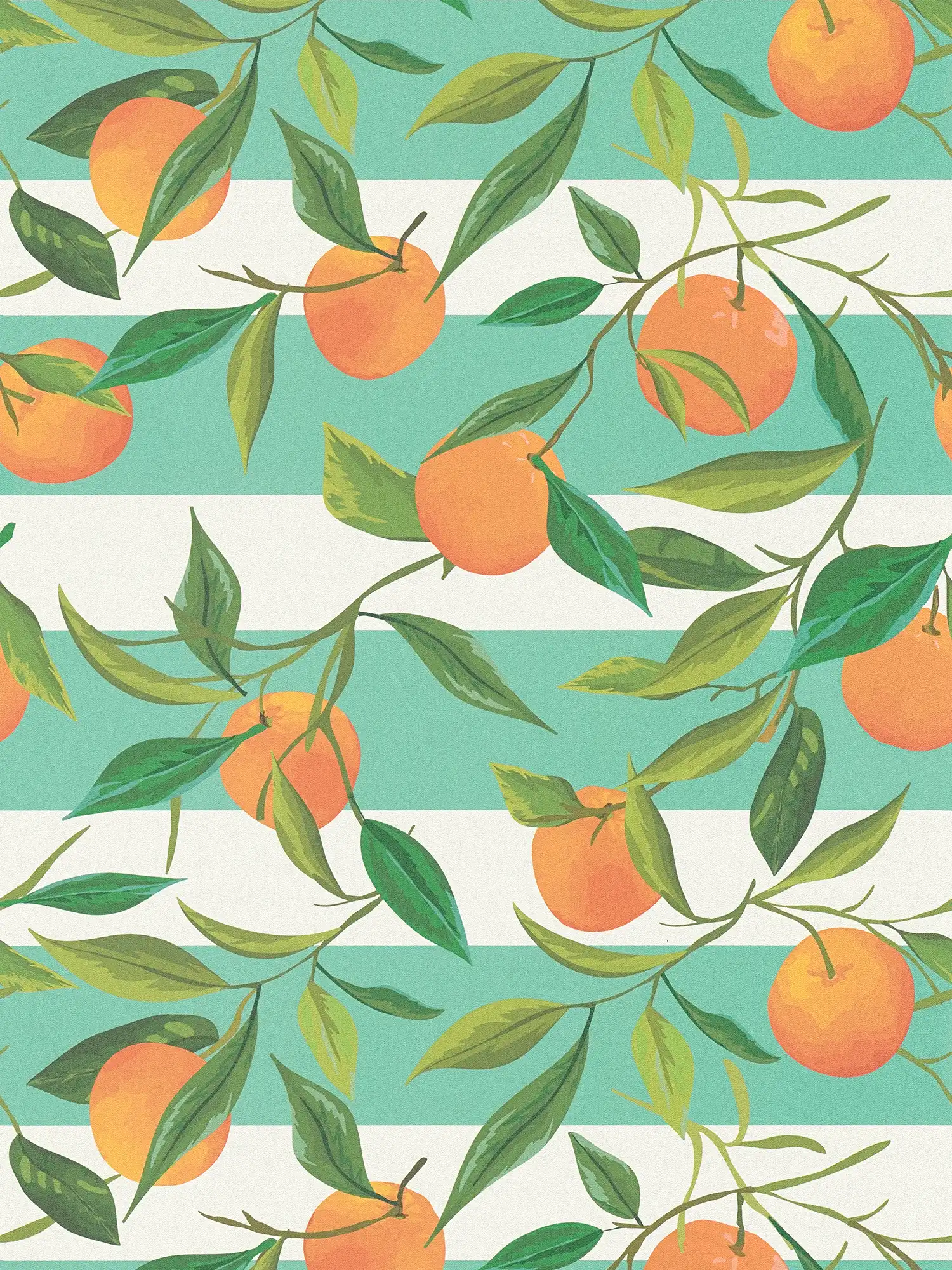         Gestreifte Vliestapete mit gemalten Orangen und Blättern – türkis, orange, grün
    