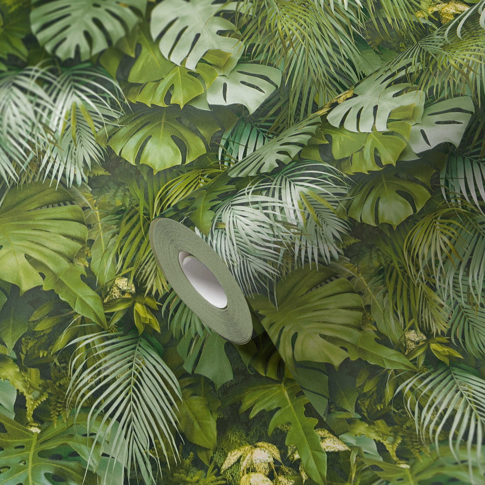             Selbstklebende Tapete | Dschungel Muster in 3D Optik – Grün
        