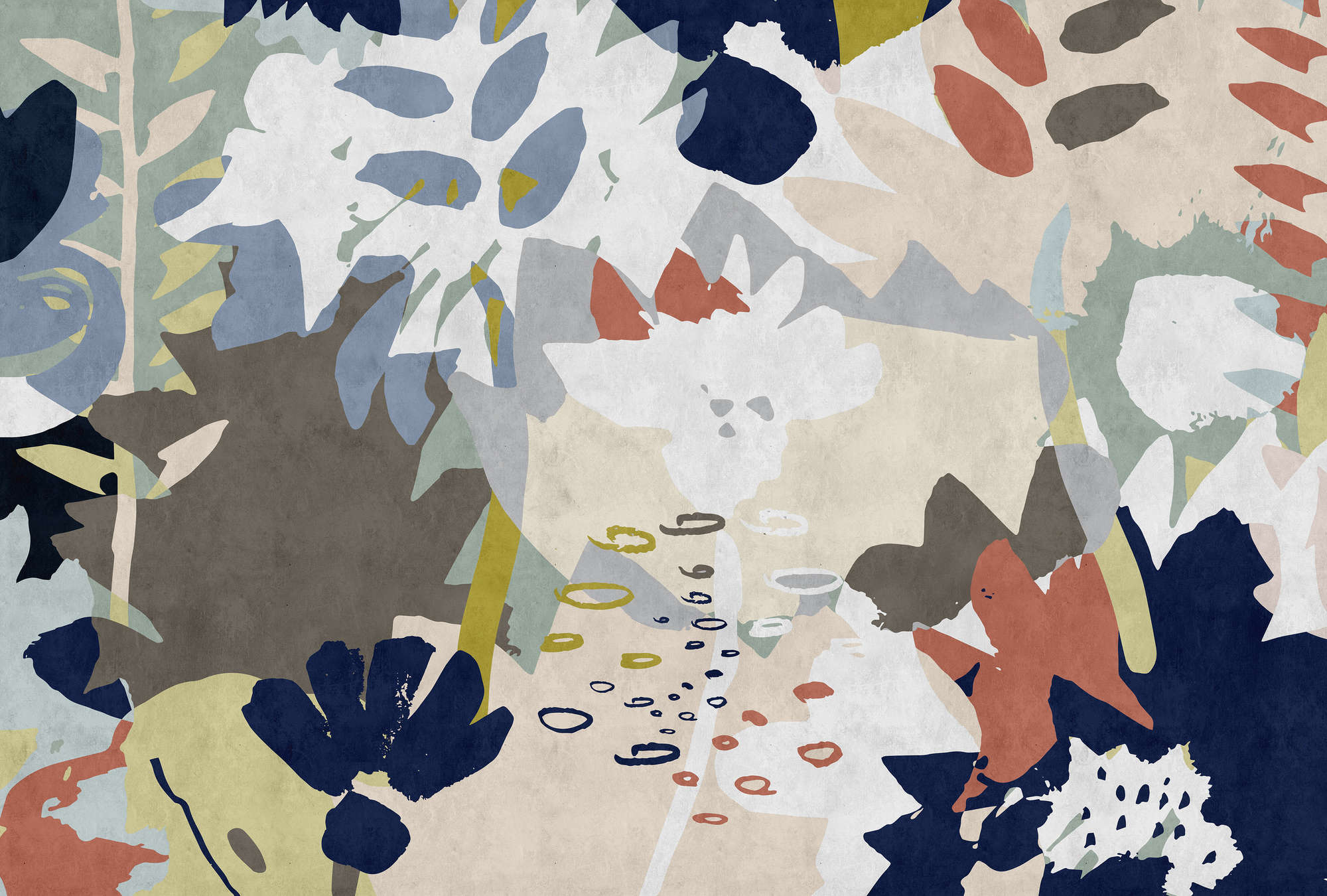             Floral Collage 4 - Fototapete mit buntem Blattmotiv - Löschpapier Struktur – Blau, Braun | Perlmutt Glattvlies
        