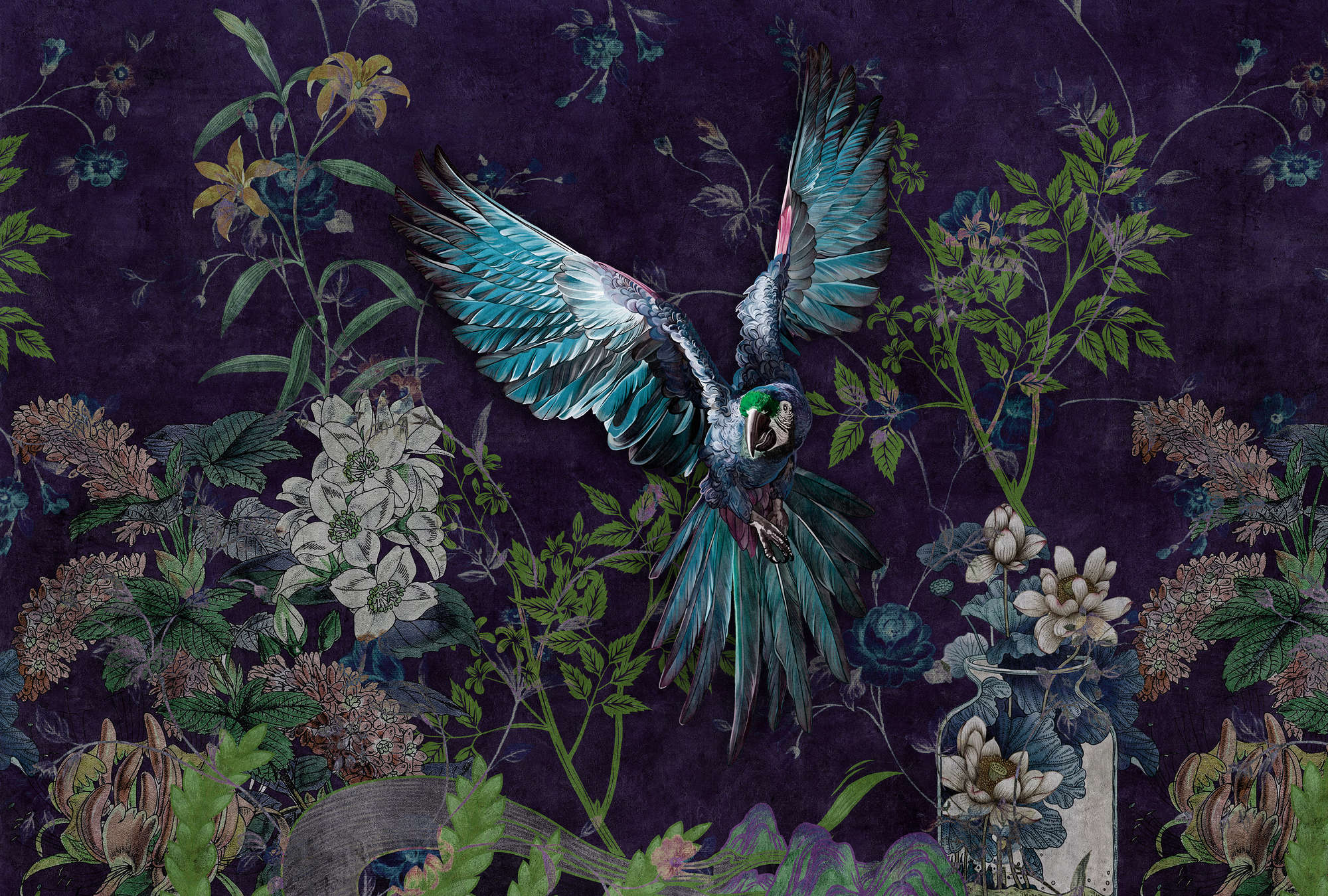             Tropical Hero 2 – Papagei Fototapete Blumen & schwarzer Hintergrund
        
