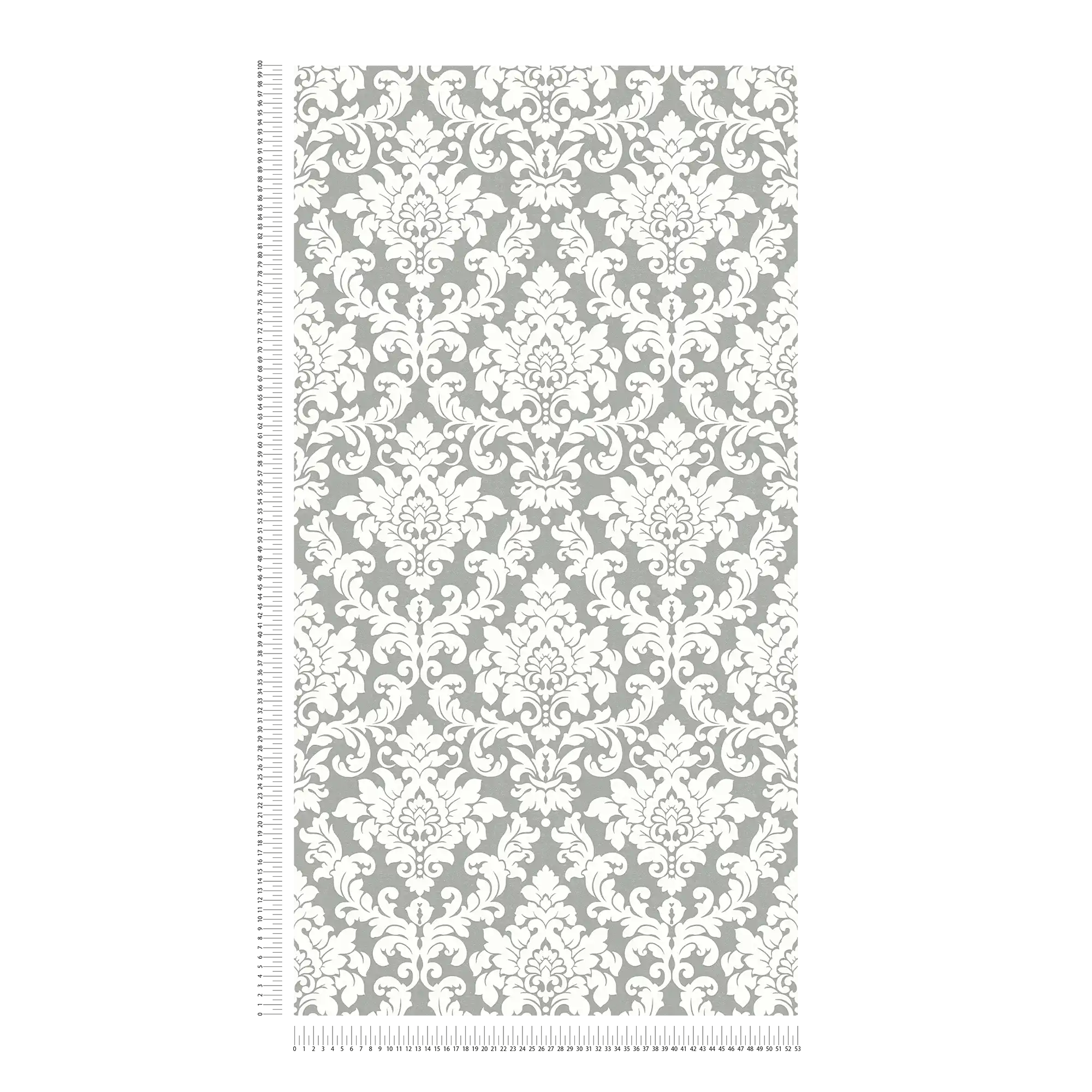             Silberne Tapete mit weißem Ornament Design
        