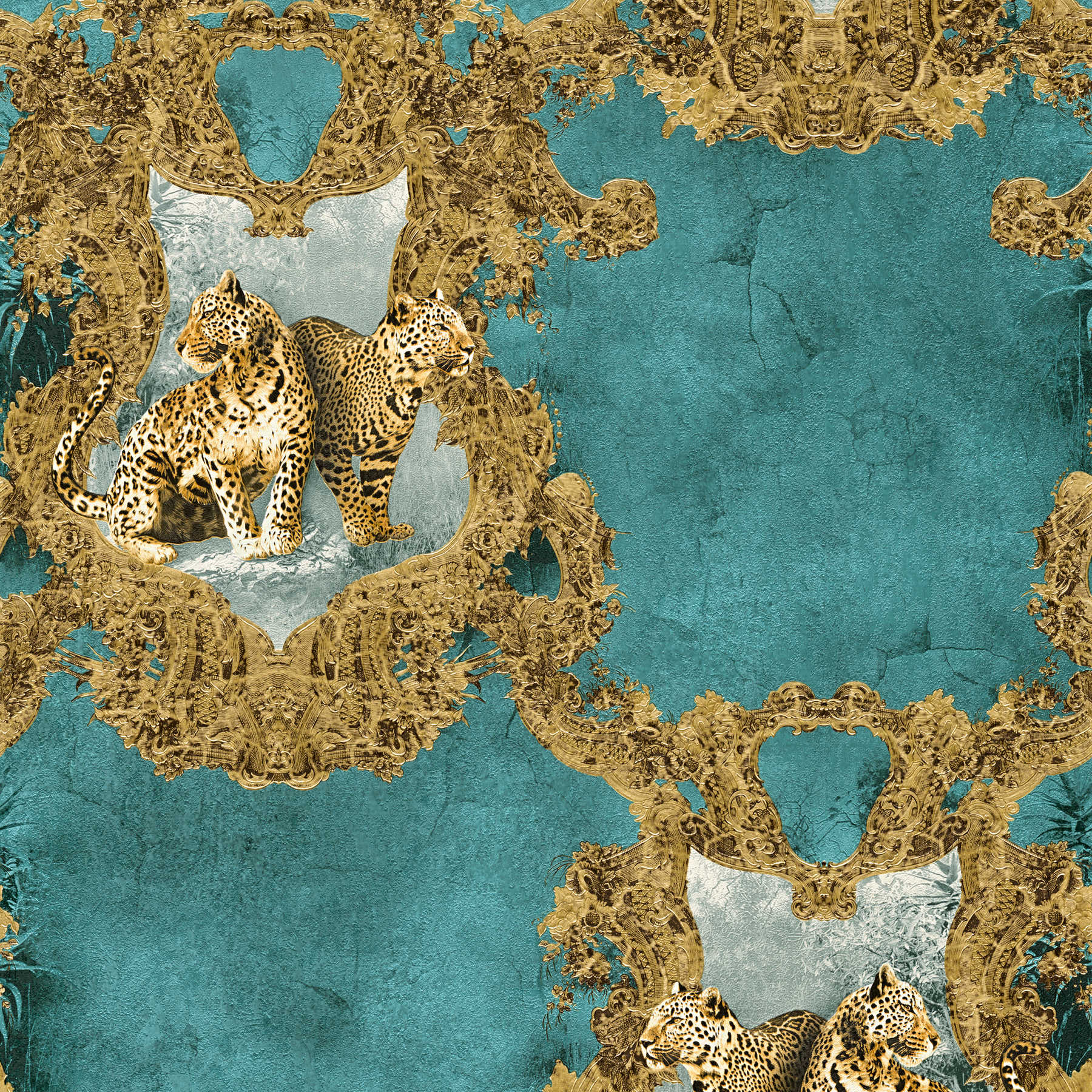         Tapete Ornamente & Leoparden Motiv – Blau, Braun
    