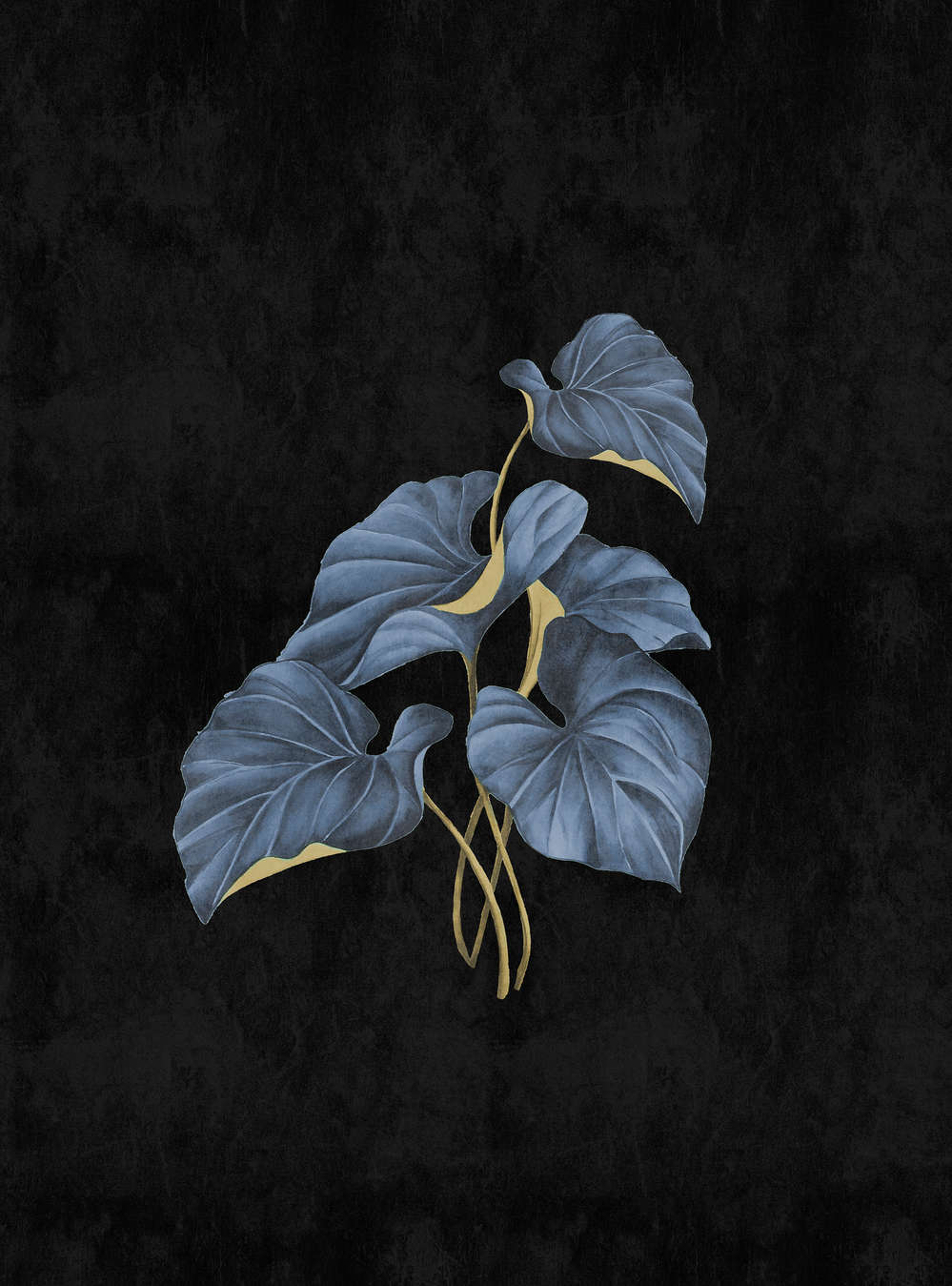             Fiji 1 – Schwarze Fototapete Blaue Blätter mit Gold Akzent
        