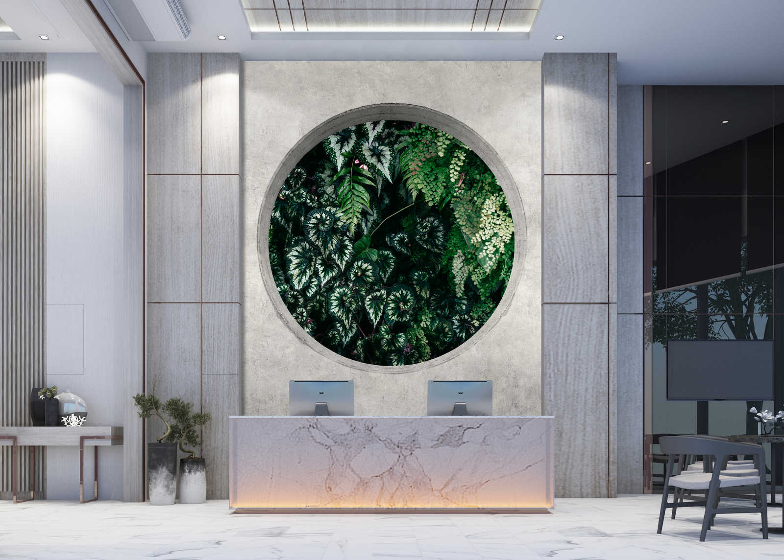             Deep Green 1 – Fototapete Fenster Rund mit Dschungel Pflanzen
        
