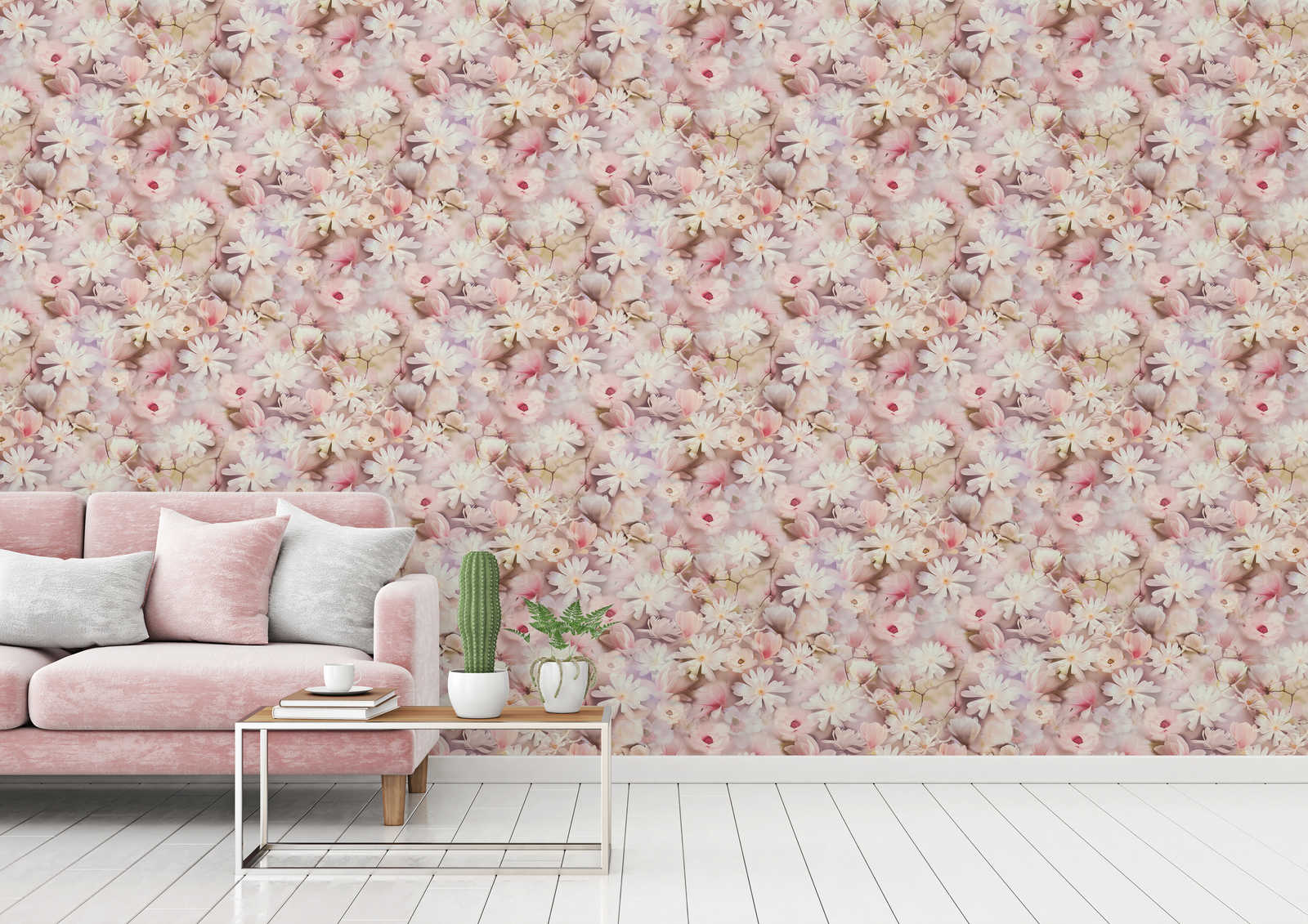             Blumentapete Collage Design in Rosa und Weiß
        